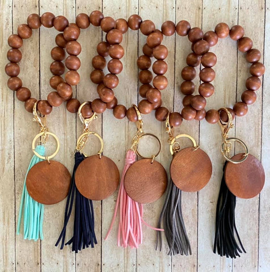 Wooden Bead Wristlet with Engraved Pendant