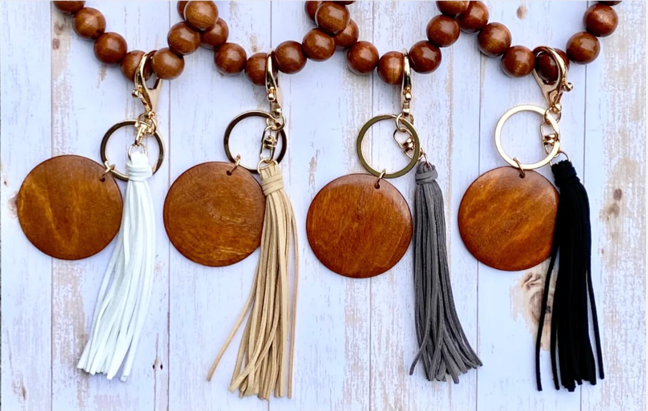 Wooden Bead Wristlet with Engraved Pendant