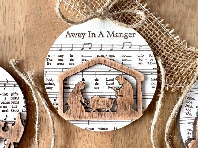 "Sheet Music" Wooden Nativity Ornaments