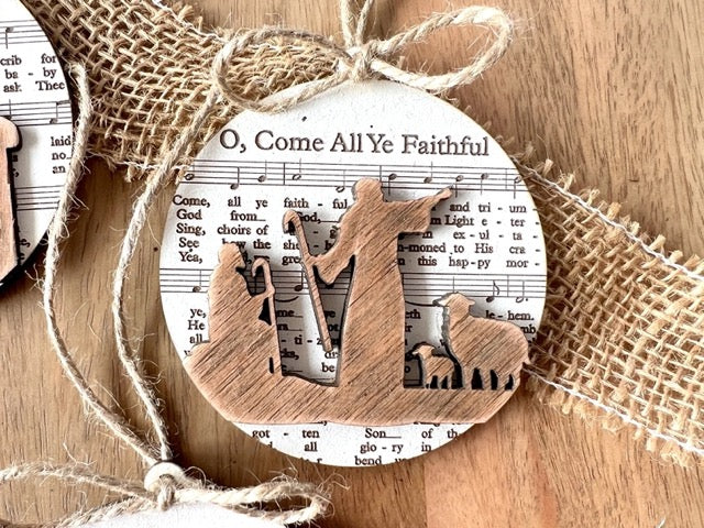 "Sheet Music" Wooden Nativity Ornaments